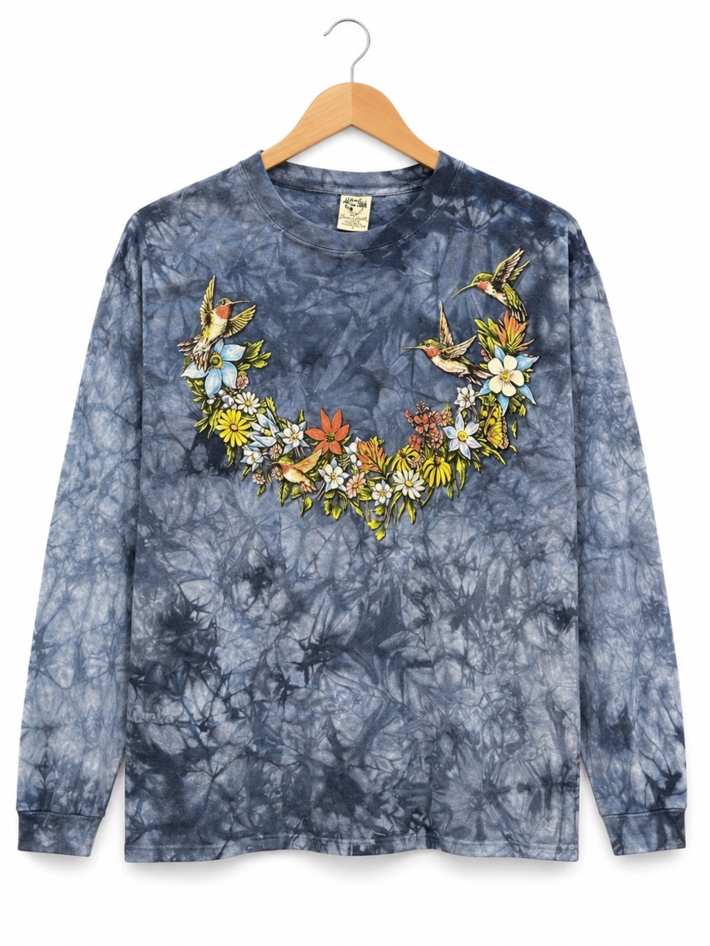 Vtg 90s Back to Earth Hummingbird Shirt L/S Tie Dye Floral Granola Girl Hippie L